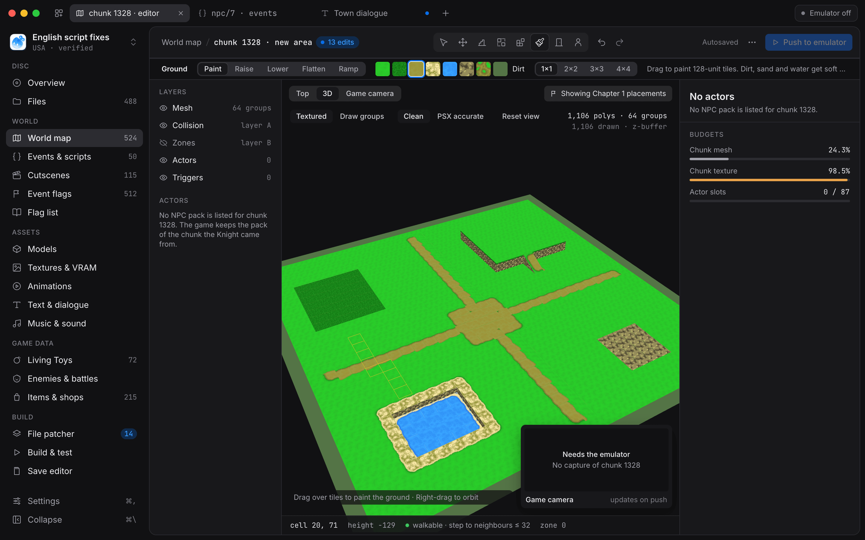 Ground painter with paths, a rock wall and a pond on a new area