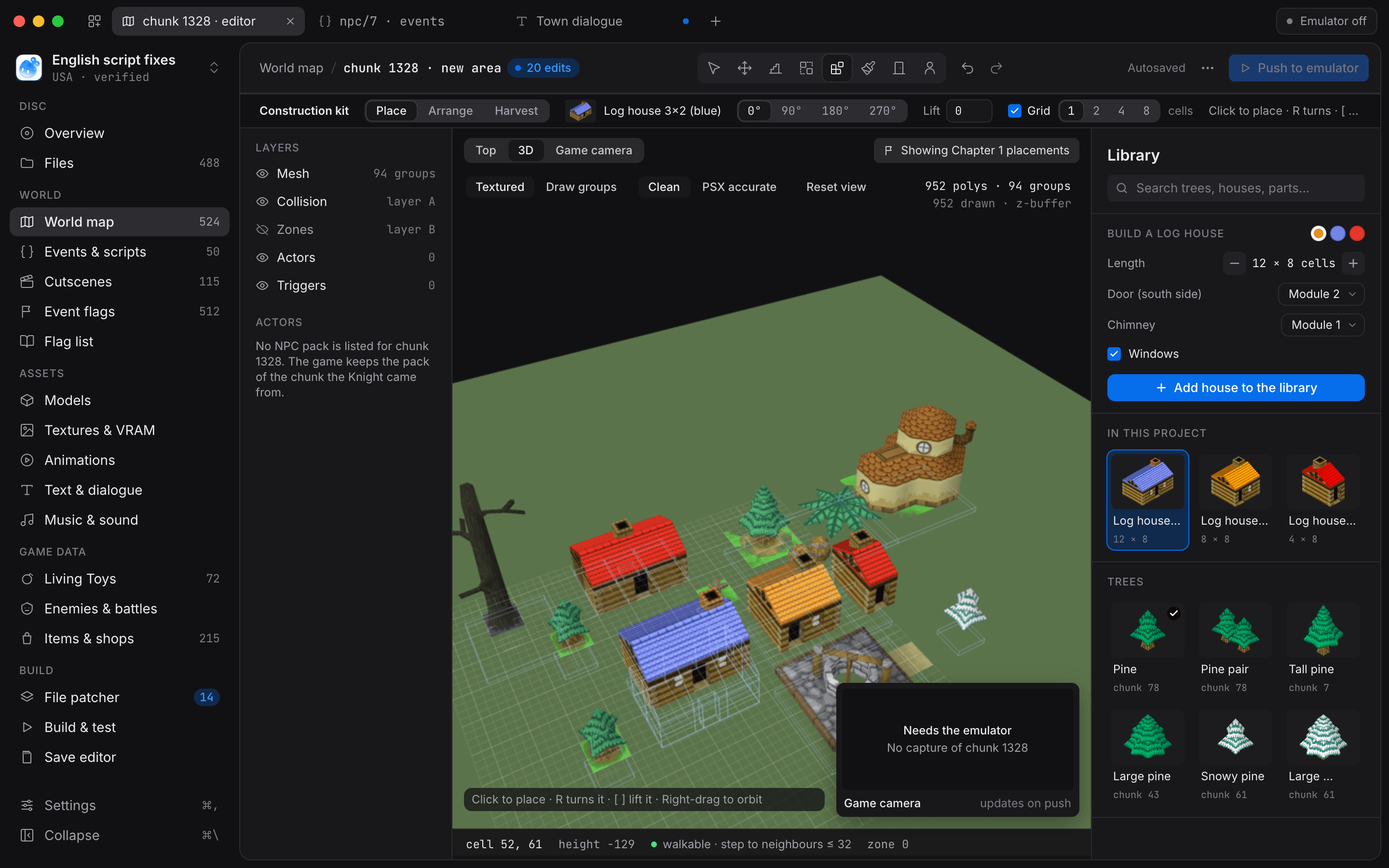 World editor placing log houses from the construction kit library in 3D