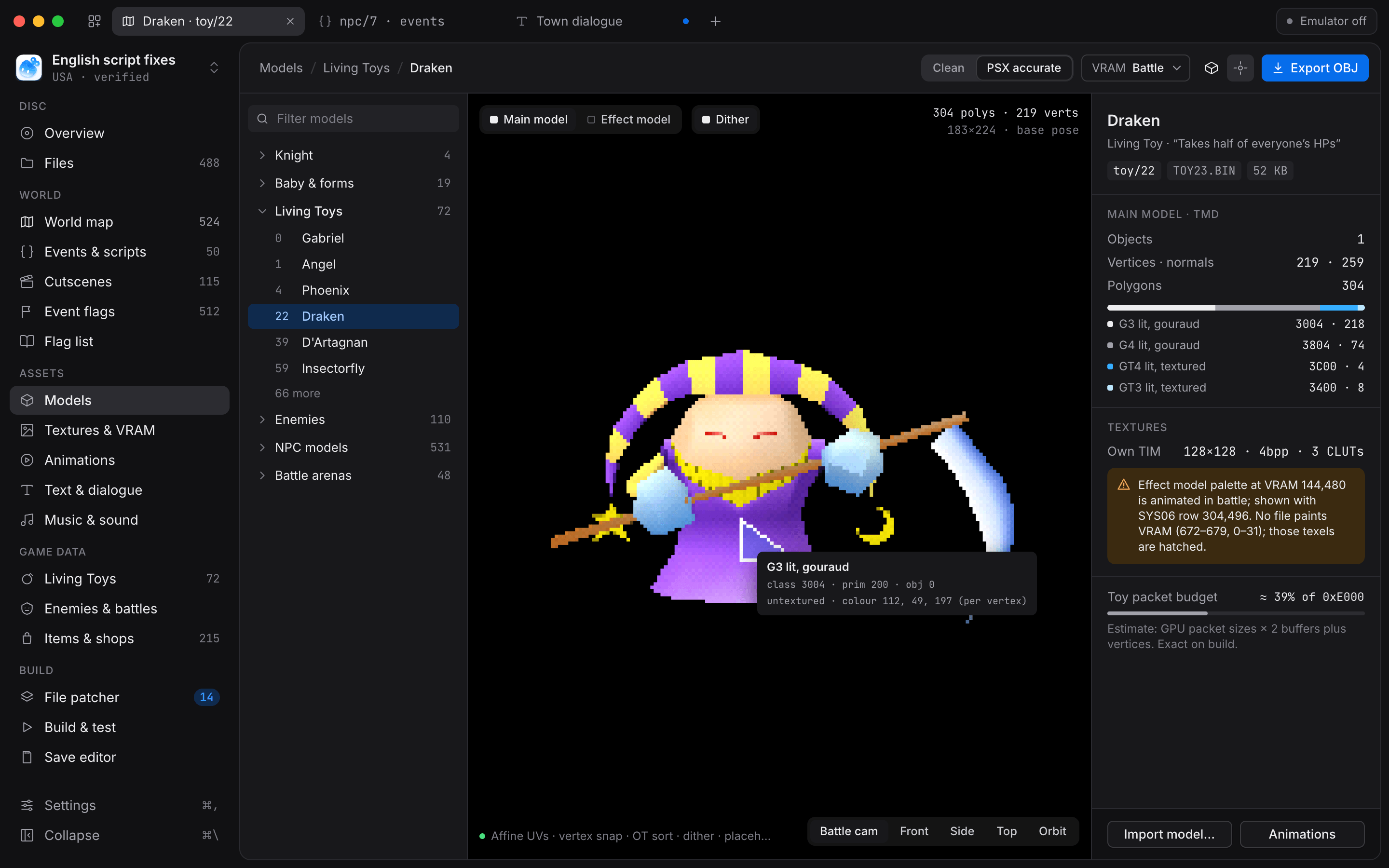 Model viewer showing the Living Toy Draken in PSX-accurate 3D