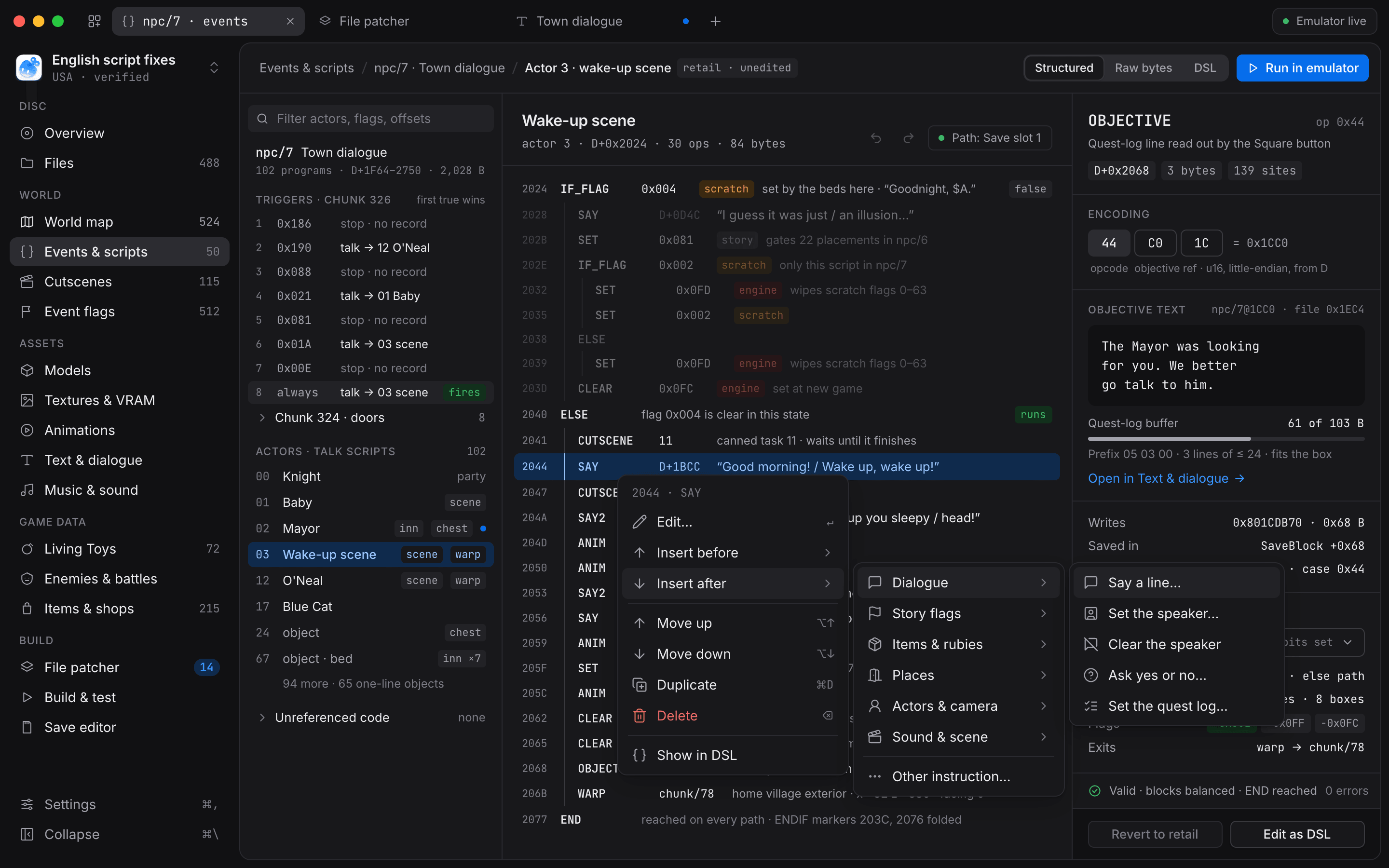 Script editor right-click menu inserting a dialogue action