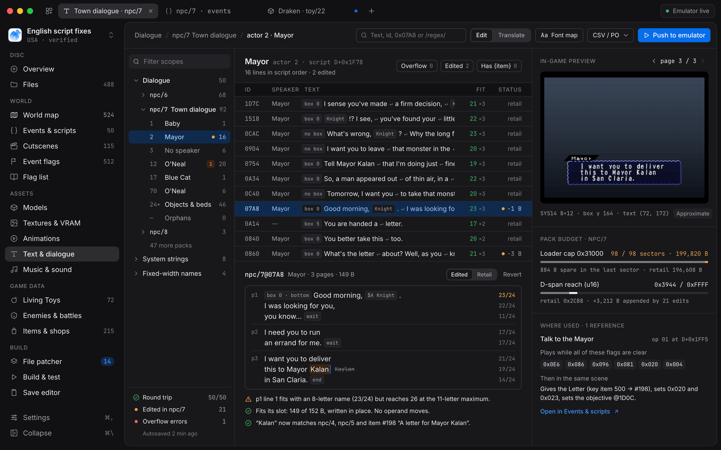 Text editor with page-by-page fit counts for the Mayor's lines