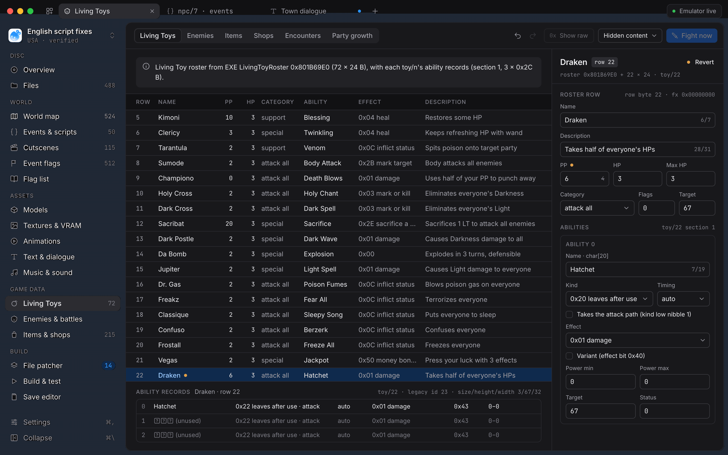 Game data form editing the Living Toy Draken