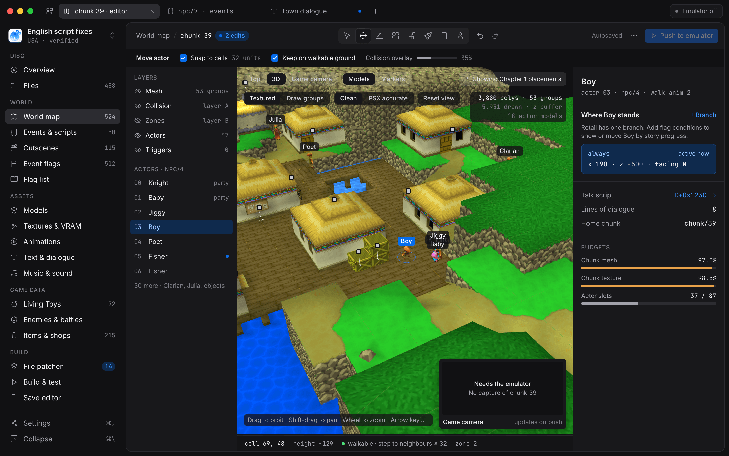 The world editor in 3D: a village chunk with its houses, crates and townsfolk, and the actor inspector for Boy